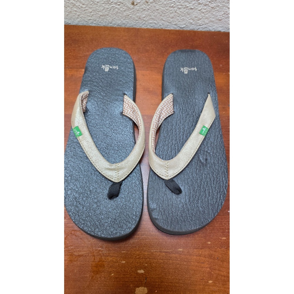 Sanuk Yoga Mat Flip Flops Womens 8 Metallic Champagne Black Sandals 1018475